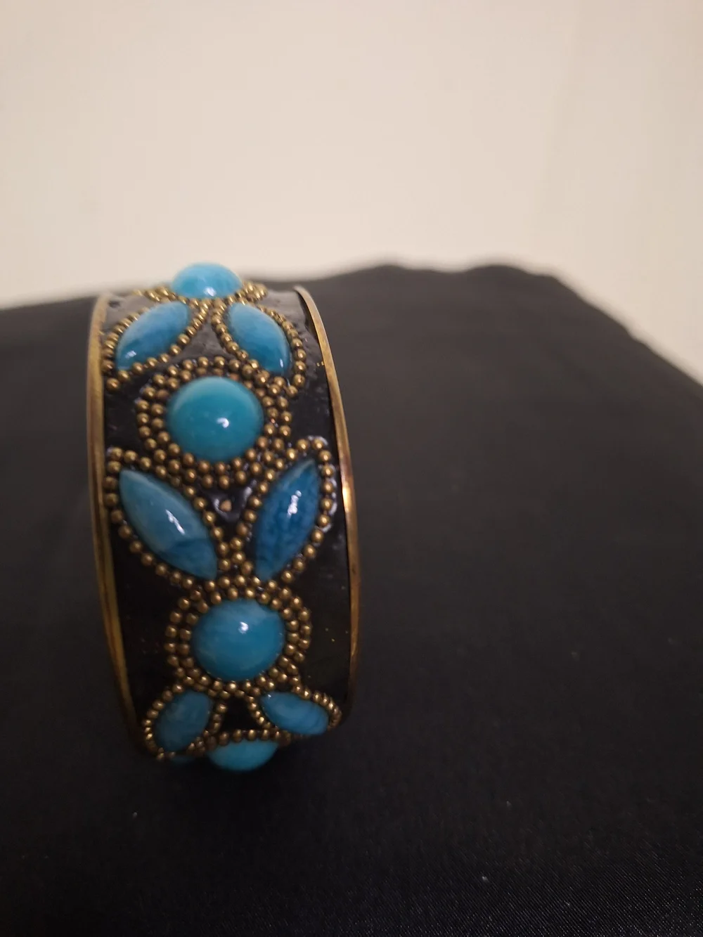 Brass Bangle Bracelet with Bright Turquoise Cabochons